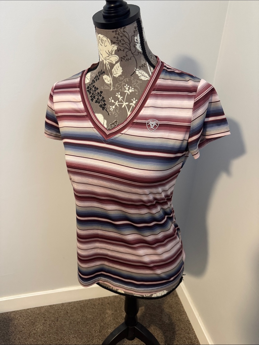 Ariat Striped V-Neck Tee in Maroon, Light Blue, Navy and Cream